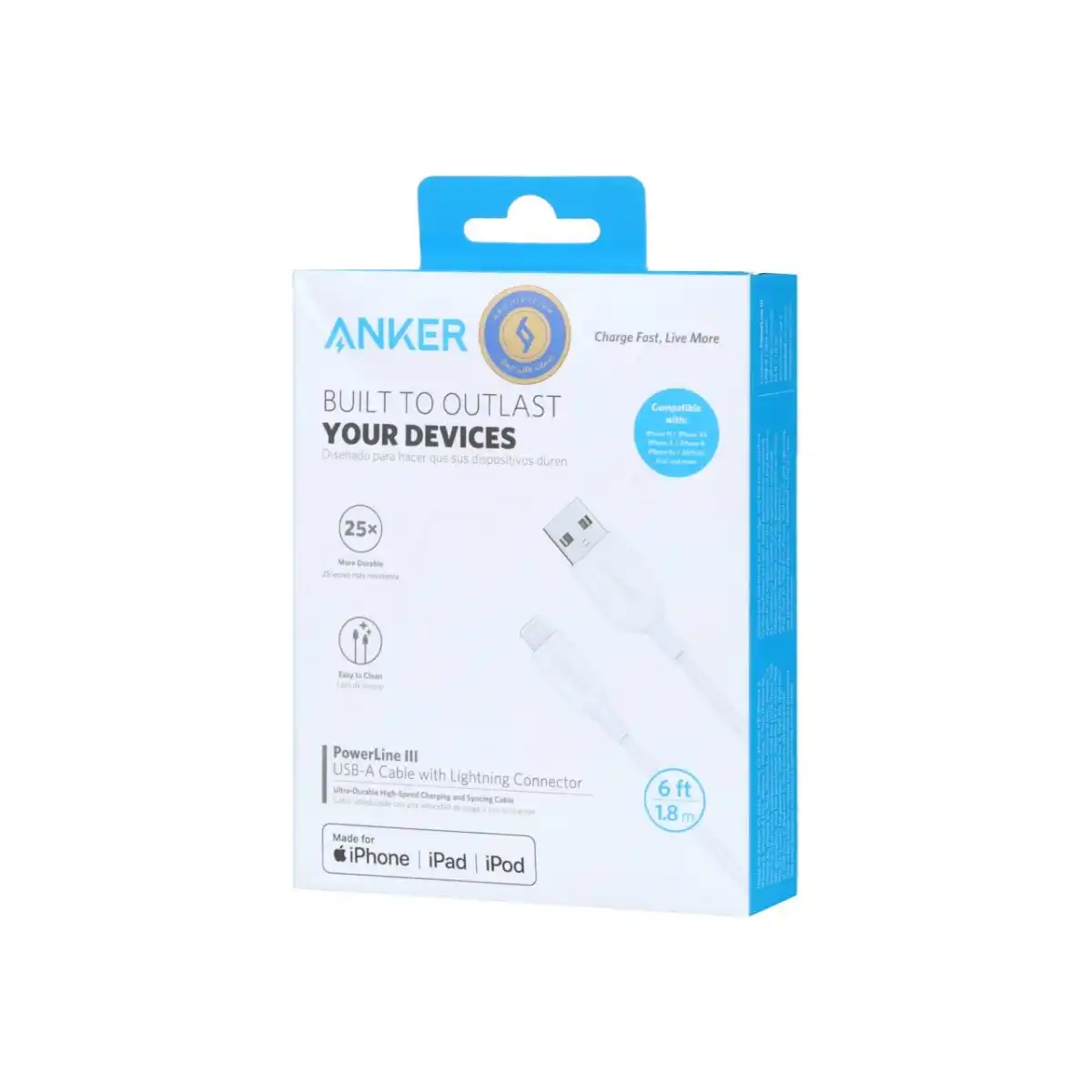 کابل شارژ 1.8 متری آیفون ANKER مدل PowerLine III A8813 - سفید (گارانتی 18ماهه حافظه طلایی ایستا)