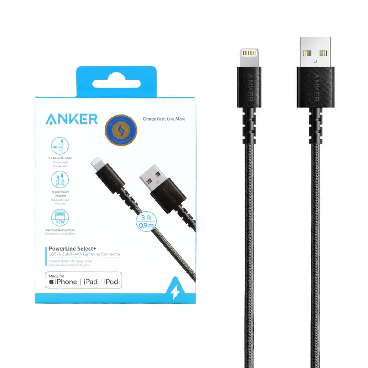 کابل شارژ 0.9 متری آیفون ANKER مدل PowerLine Select+ A8012 - مشکی (گارانتی 18ماهه حافظه طلایی ایستا)