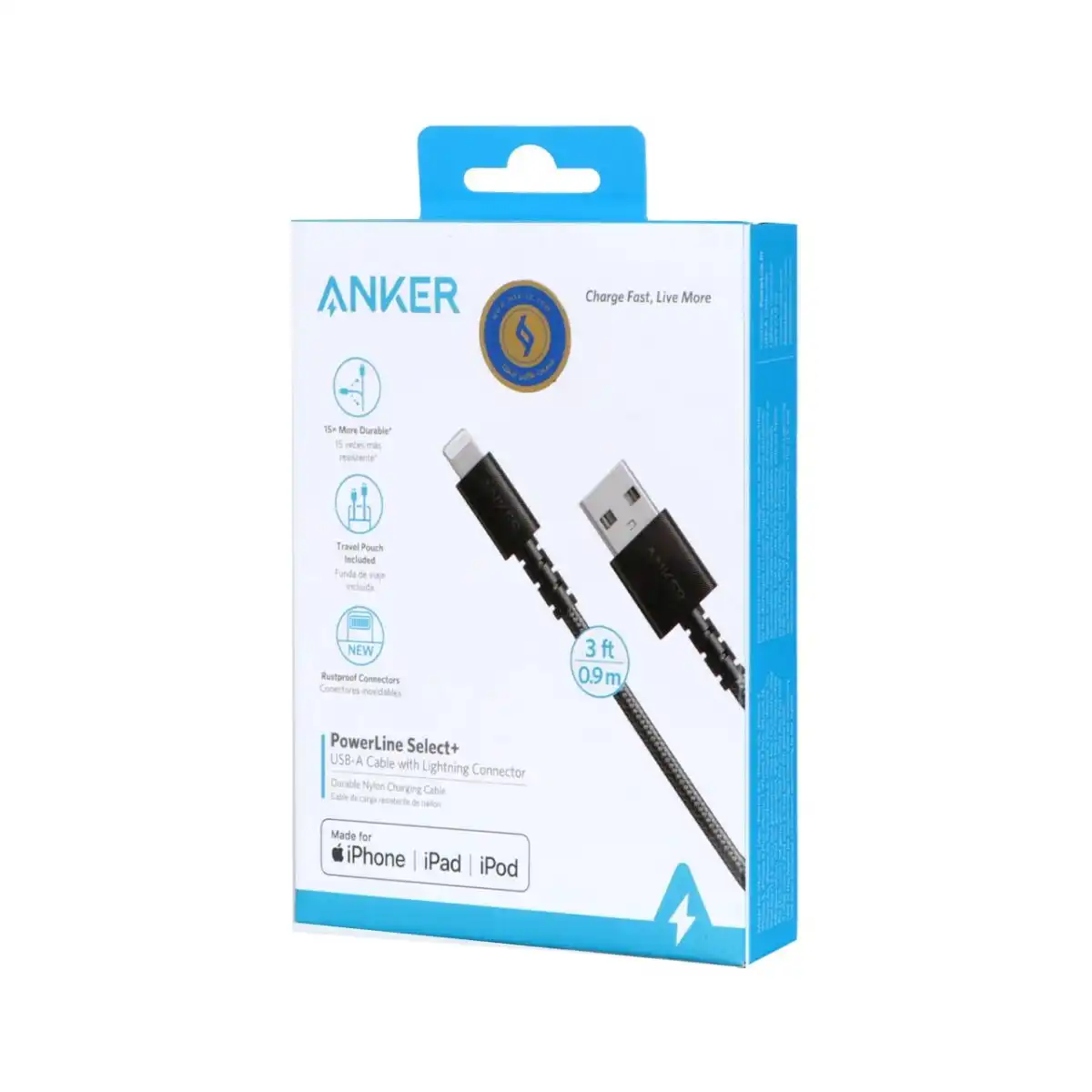 کابل شارژ 0.9 متری آیفون ANKER مدل PowerLine Select+ A8012 - مشکی (گارانتی 18ماهه حافظه طلایی ایستا)