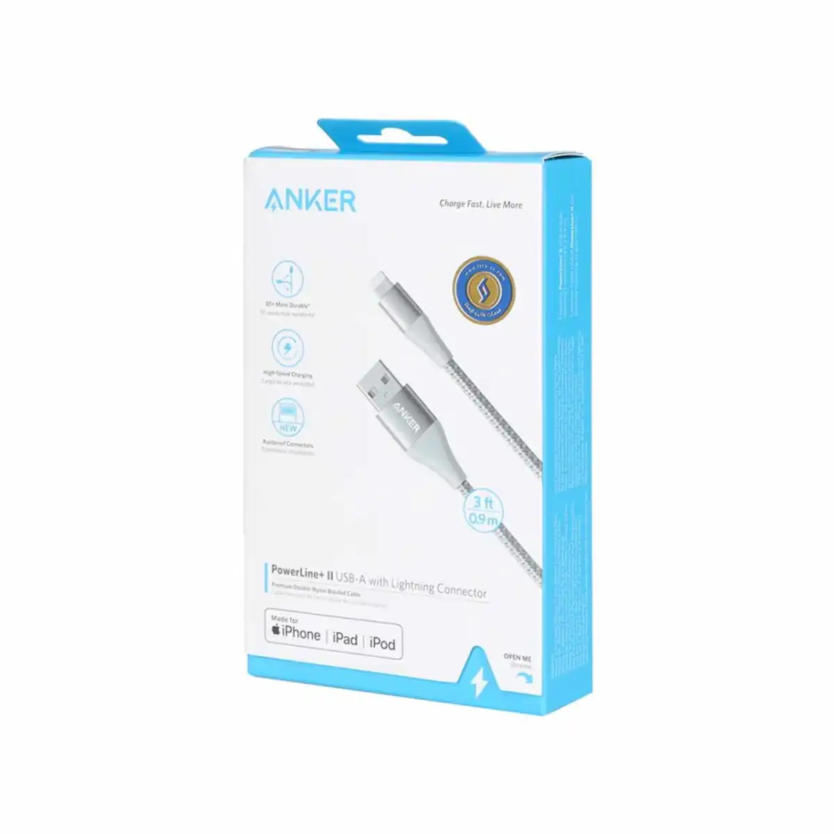 کابل شارژ 0.9 متری آیفون ANKER مدل PowerLine+II A8452 - نقره ای (گارانتی 18ماهه حافظه طلایی ایستا)