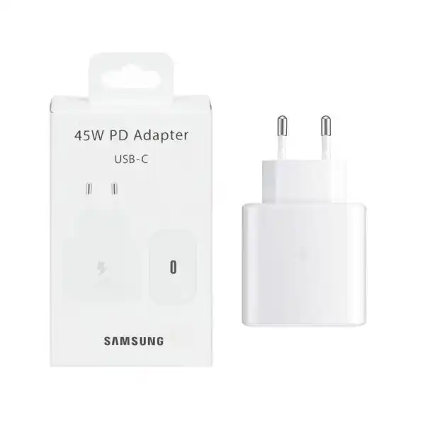 شارژر دو پین SAMSUNG 45W سرکارتنی اصل TA845 ( فست و PD) سفید (18 ماهه شرکتی)