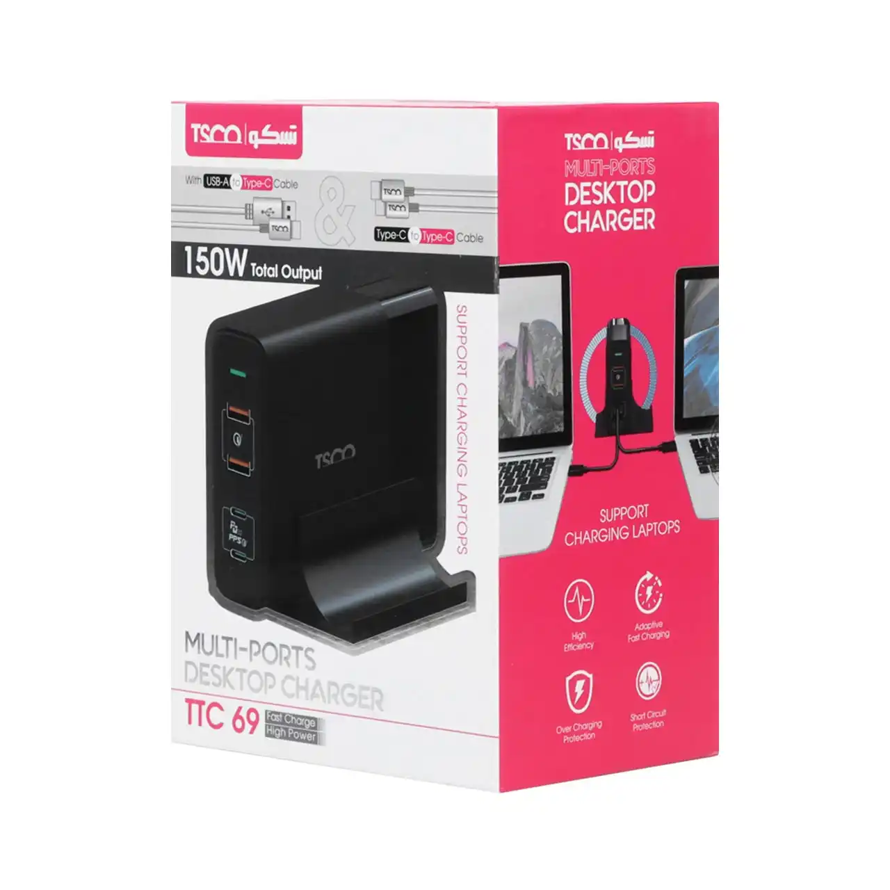 شارژر رومیزی PD و فست سه پورت تسکو مدل TTC 69 150W همراه با کابل شارژ - مشکی