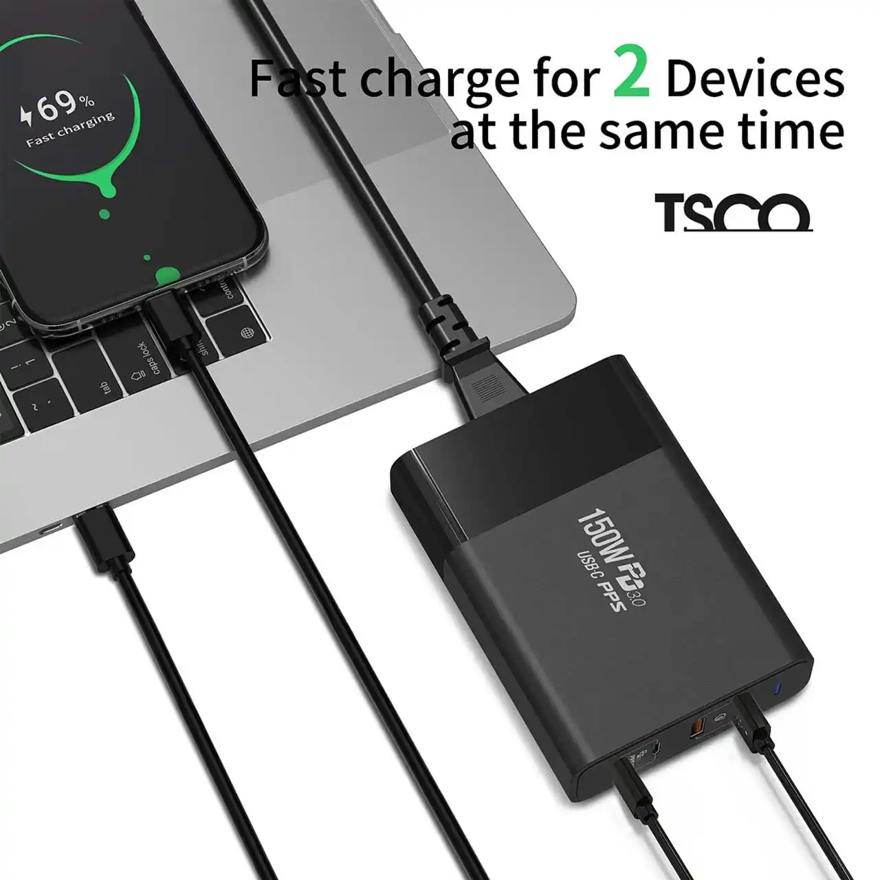 شارژر رومیزی PD و فست سه پورت تسکو مدل TTC 69 150W همراه با کابل شارژ - مشکی