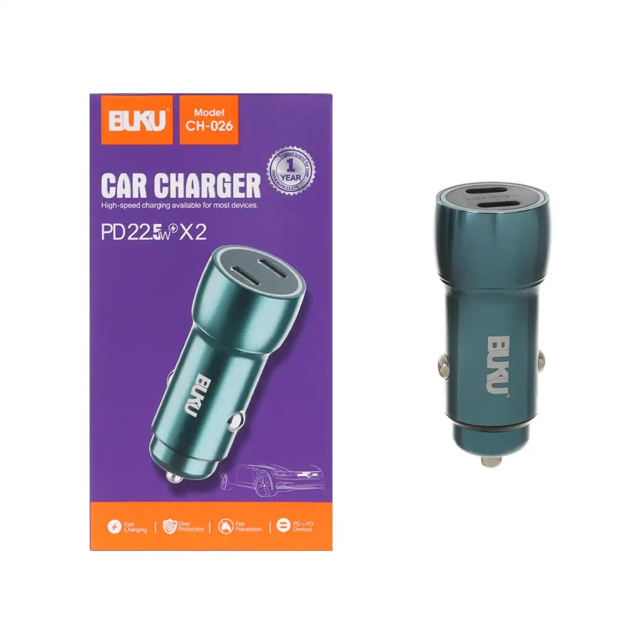 شارژر فندکی PD و فست دو پورت BUKU مدل CH-026 - سبز