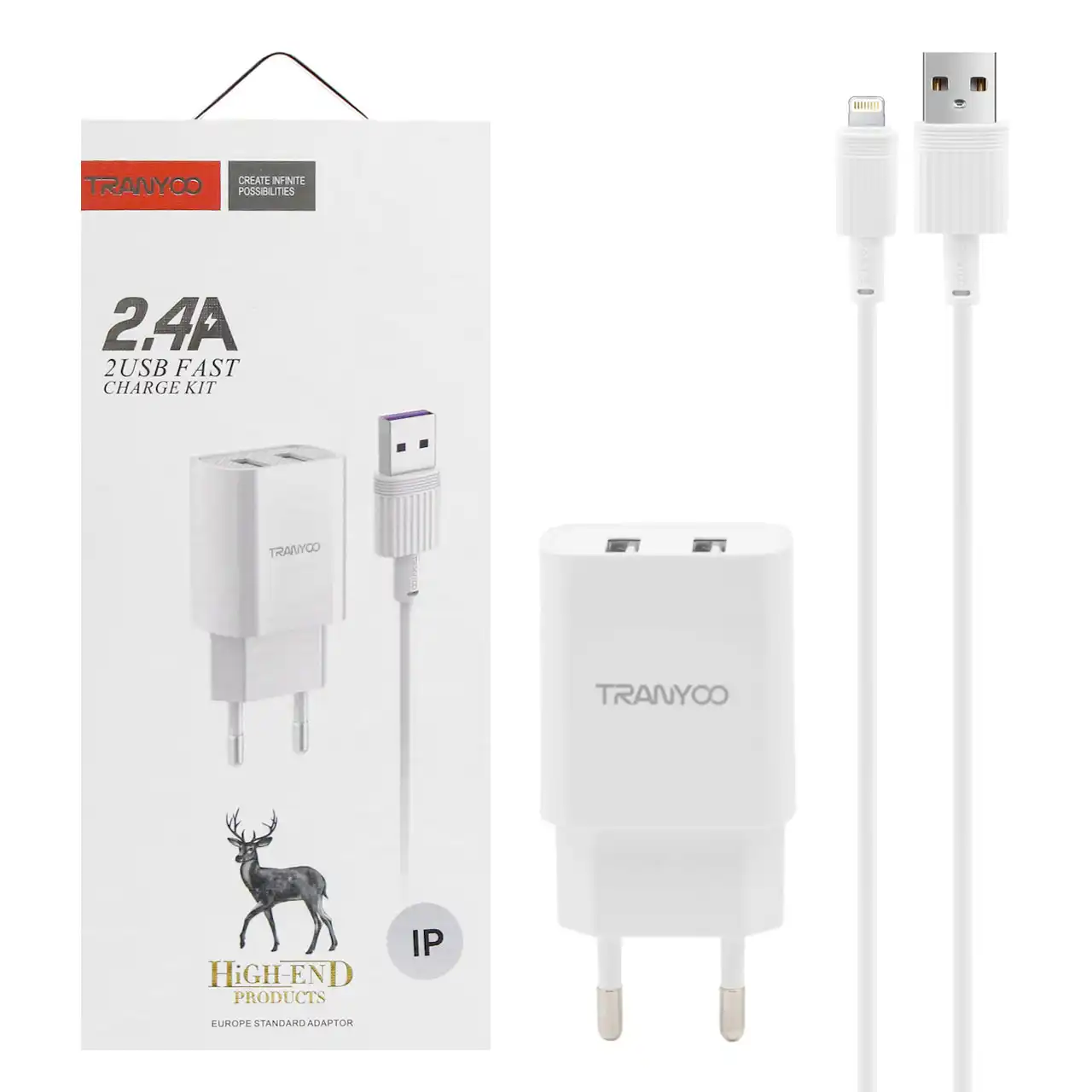 شارژر دیواری 12W فست دو پورت TRANYOO مدل V16 به همراه کابل شارژ آیفون - سفید