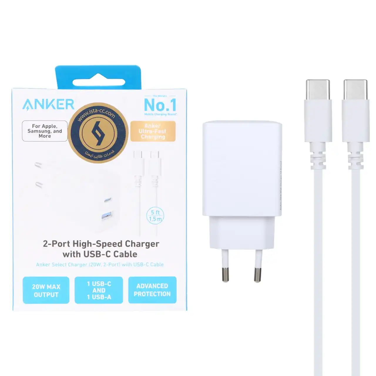 شارژر دیواری ANKER مدل B2348 با توان PD 20W و تکنولوژی IQ3 به همراه کابل شارژ TYPE-C - سفید (گارانتی 18ماهه حافظه طلایی ایستا)