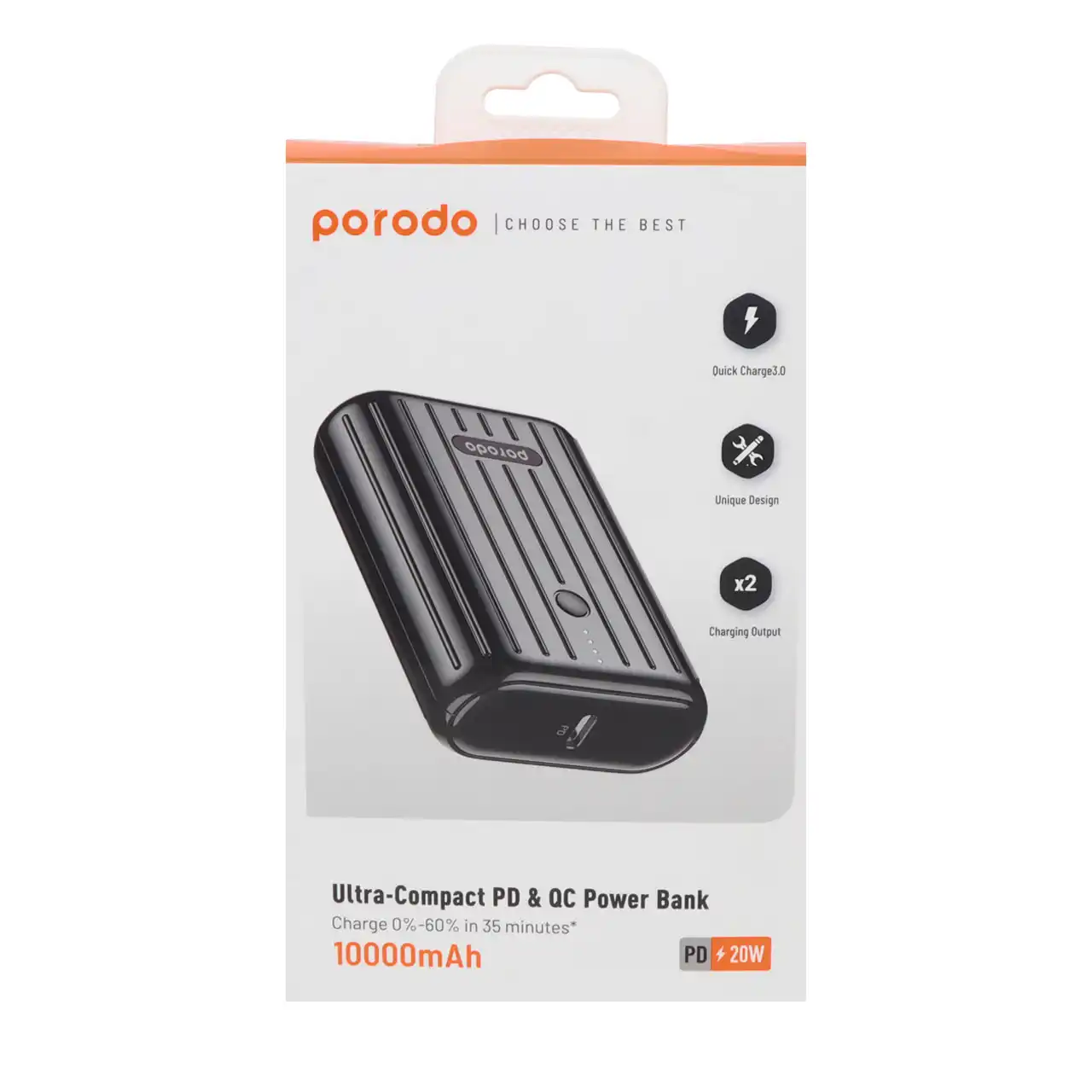 پاوربانک (PD و فست شارژ) Porodo 20W 10000mAh مدل PD-PBFCH001-BK - مشکی (گارانتی 24 ماهه مگابایت)